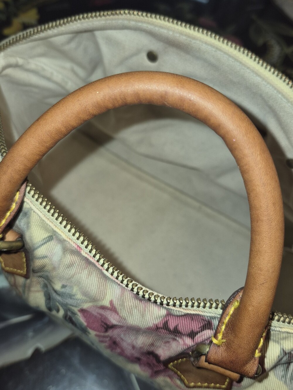 VINTAGE Ralph Lauren Pink Floral Canvas Tote with Brown Leather Handles - Picture 9 of 15